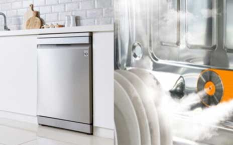 The LG TrueSteam dishwasher fitted into a kitchen on the left, and a look inside the dishwasher and its TrueSteam technology on the right.