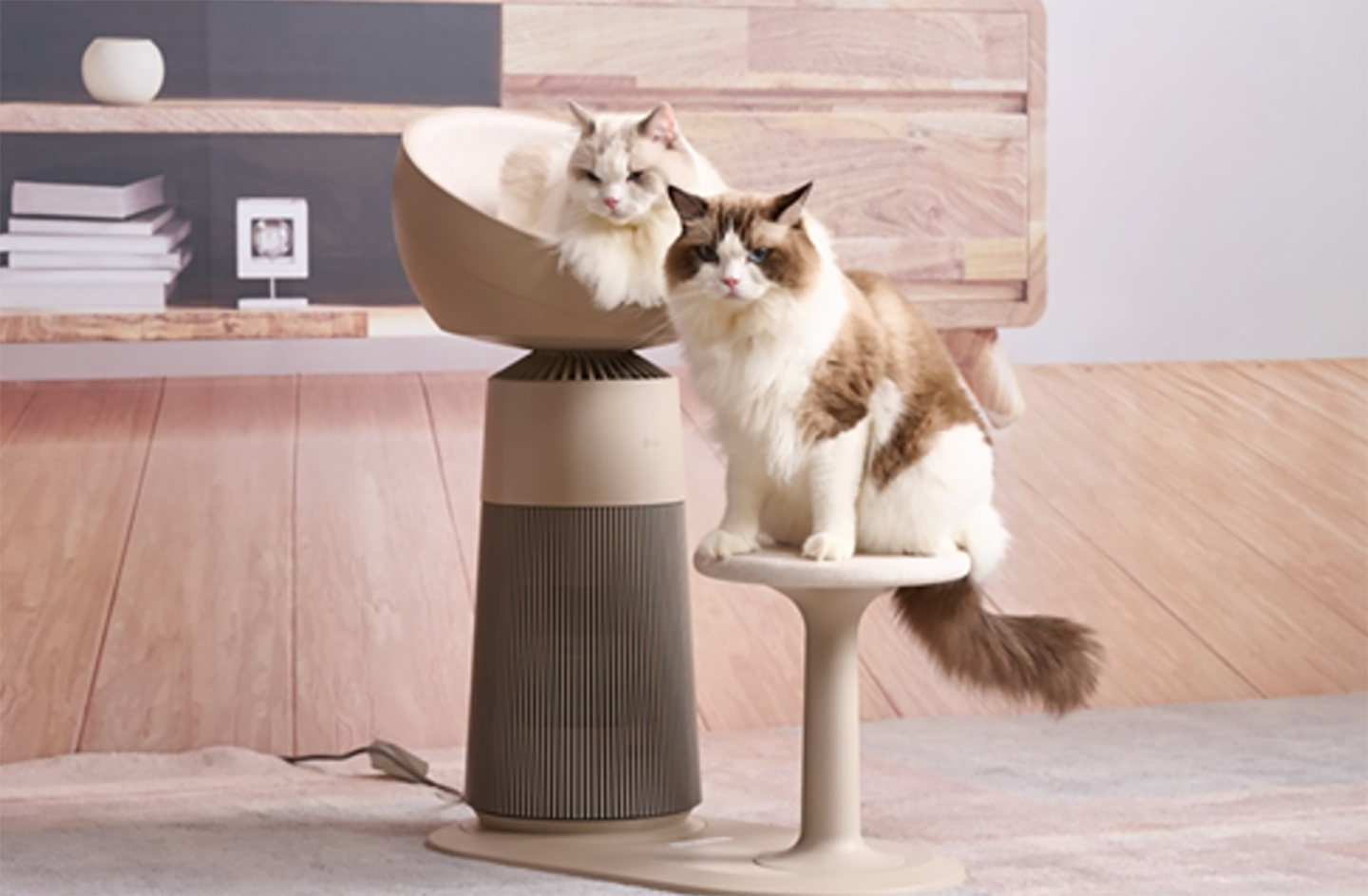 Two cats rest atop the LG PuriCare AeroCatTower platforms.