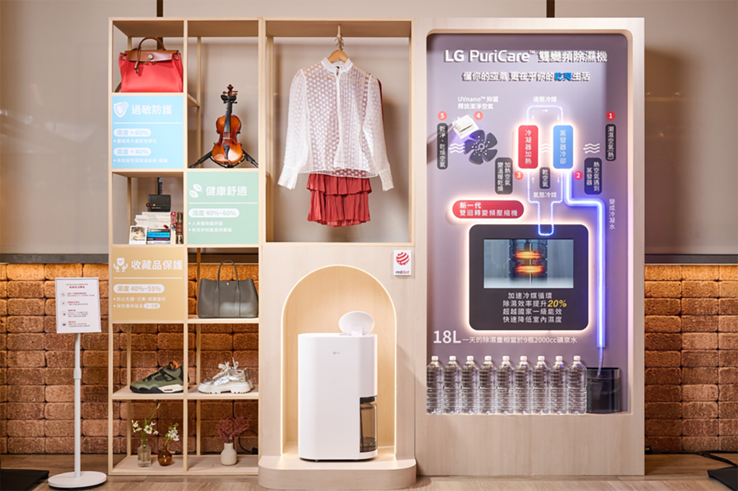 A wardrobe-inspired display in the Dehumidifier Zone features clothing, household items and the PuriCare Dual Inverter Dehumidifier in the center.
