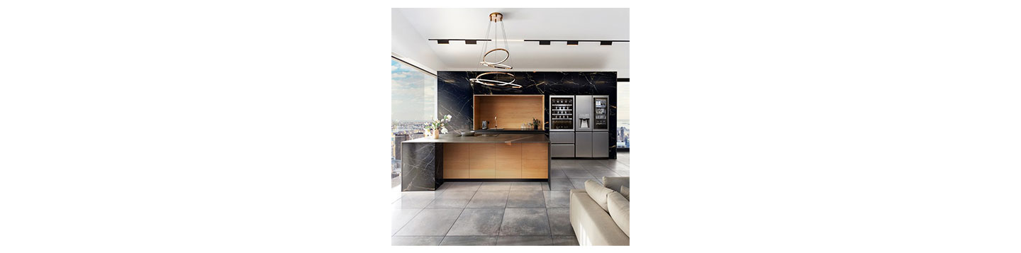 This Nero Portoro marble wall and countertop is the pinnacle of sophistication, the perfect natural backdrop for the textured steel finish of the LG SIGNATURE Refrigerator and Wine Cellar, which breathe innovation into this contemporary space. 