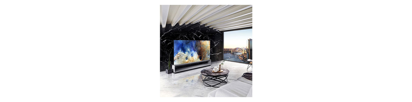 A dynamic, contemporary living space oozing with sophistication thanks to the LG SIGNATURE OLED 8K set against an opposing slab of Spanish Marquina Black marble, the perfect backdrop for the OLED TV's SELF-LIT pixels to deliver richest colors and deepest blacks.