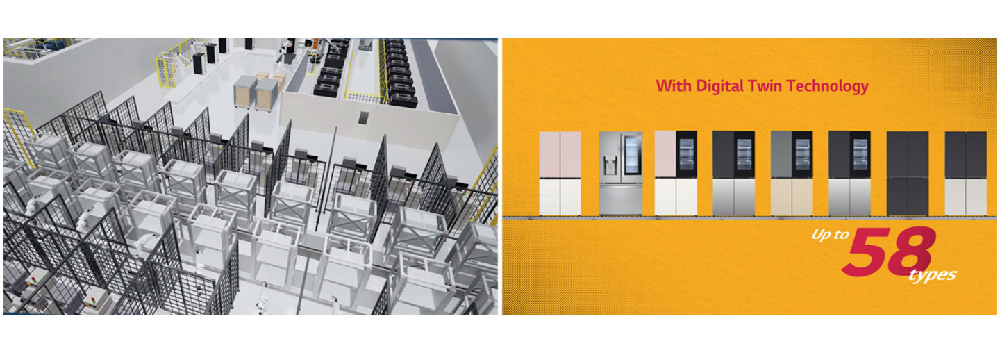 A computer-generated image of a  production line next to a promotional image for LG’s Digital Twin Technology refrigerators with the text, 'up to 58 types.'