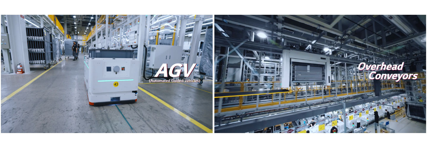 Automated Guided Vehicle (AGV) and Overhead Conveyors at LG Smart Factory in Changwon, Korea.