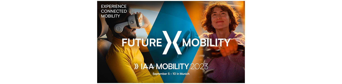 IAA Mobility 2023 theme ‘Experience Connected Mobility’ written on a design image