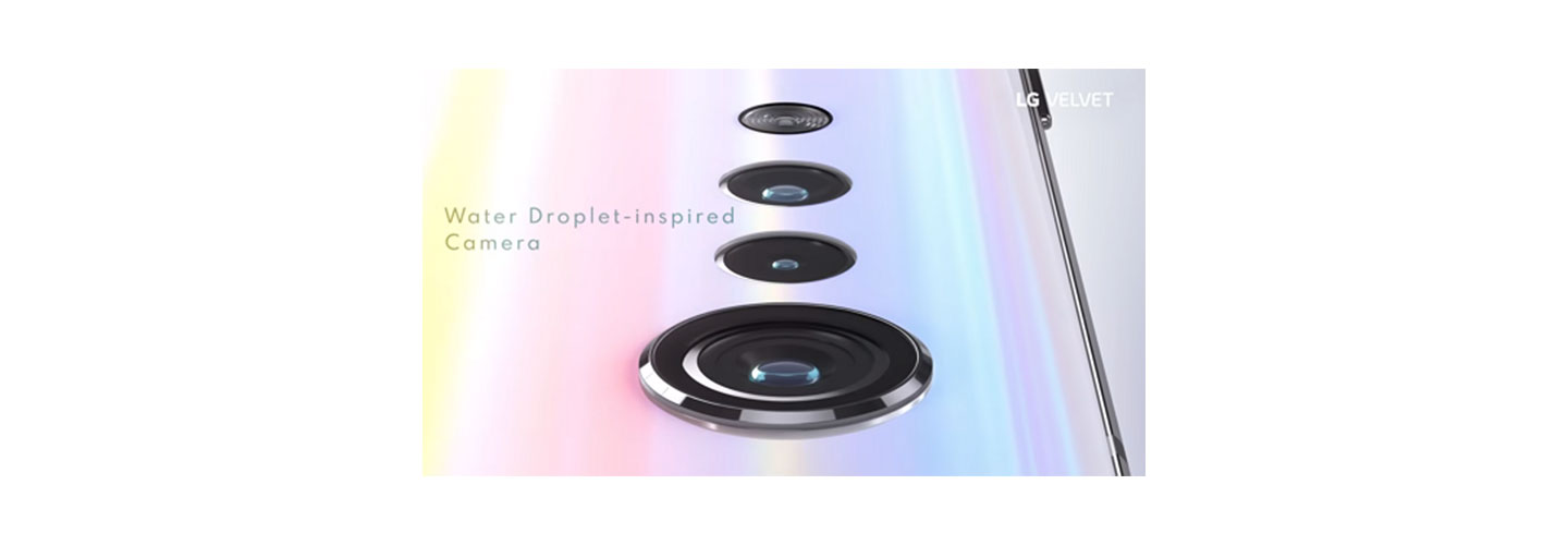 A close-up of LG VELVET's water droplet-inspired rear camera lenses