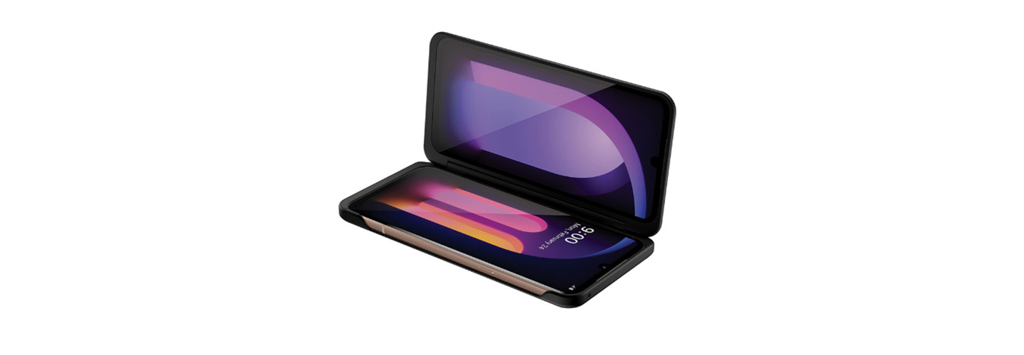 Image of a half-folded LG V60ThinQ 5G made possible by LG Dual Screen