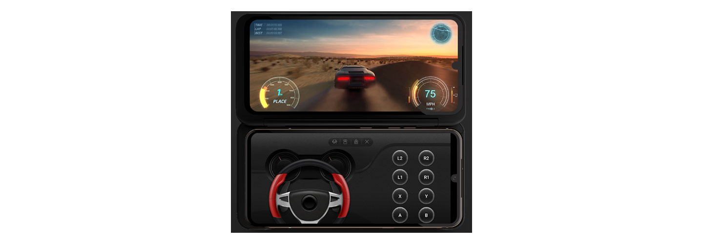  LG V60ThinQ 5G and LG Dual Screen being used to play a racing game with its second screen displaying a steering wheel and other game controls