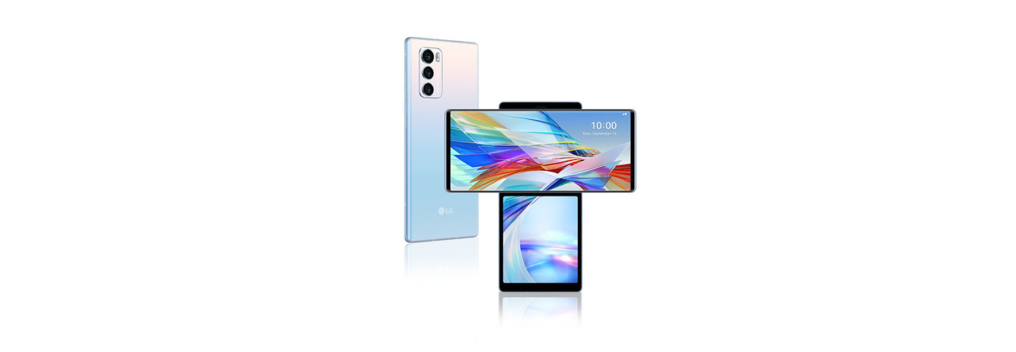 Rear view of LG WING beside a front view of the device in Swivel Mode