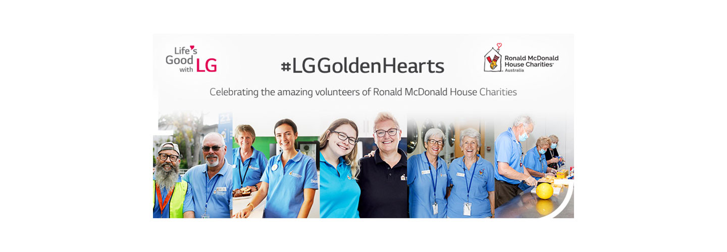 A promotional image of LG Golden Hearts campaign featuring many different RMHC staff