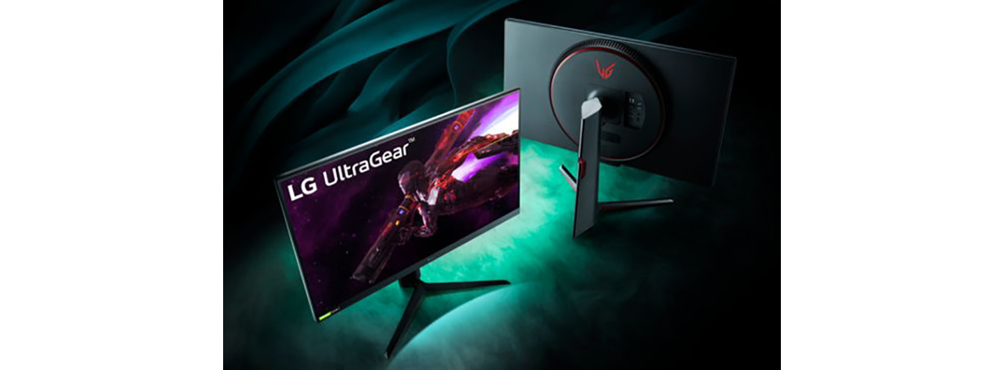 Two UltraGear monitors showing back and the front