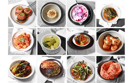 A photo collage of all the different kinds of kimchi – a Korean traditional side dish made from salted, fermented vegetables