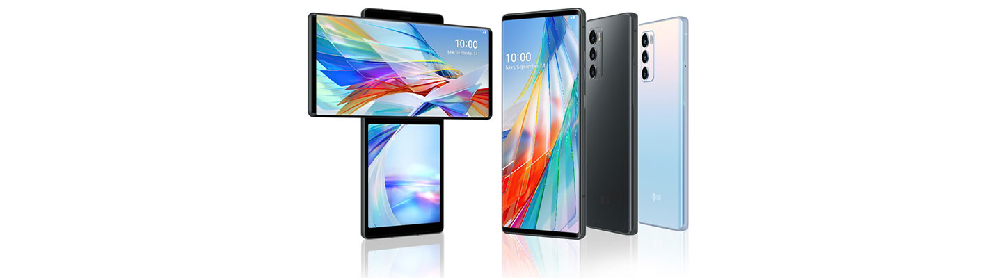 (From left) Front view of LG WING in Swivel Mode in Aurora Gray, as well as the front and rear view of LG WING in Basic Mode in Aurora Gray and Illusion Sky