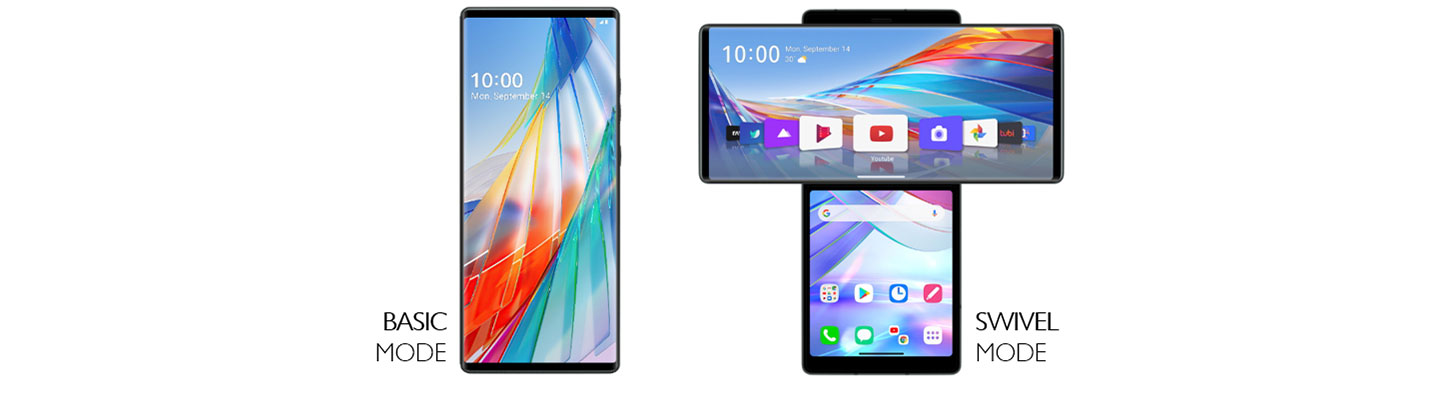 Front views of LG WING in Basic Mode and Swivel Mode