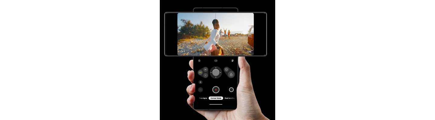 LG Wing in Swivel Mode being used to capture a video, with buttons on the Second Screen that let the user switch between multiple camera features like its Gimbal Mode and Dual Recordin