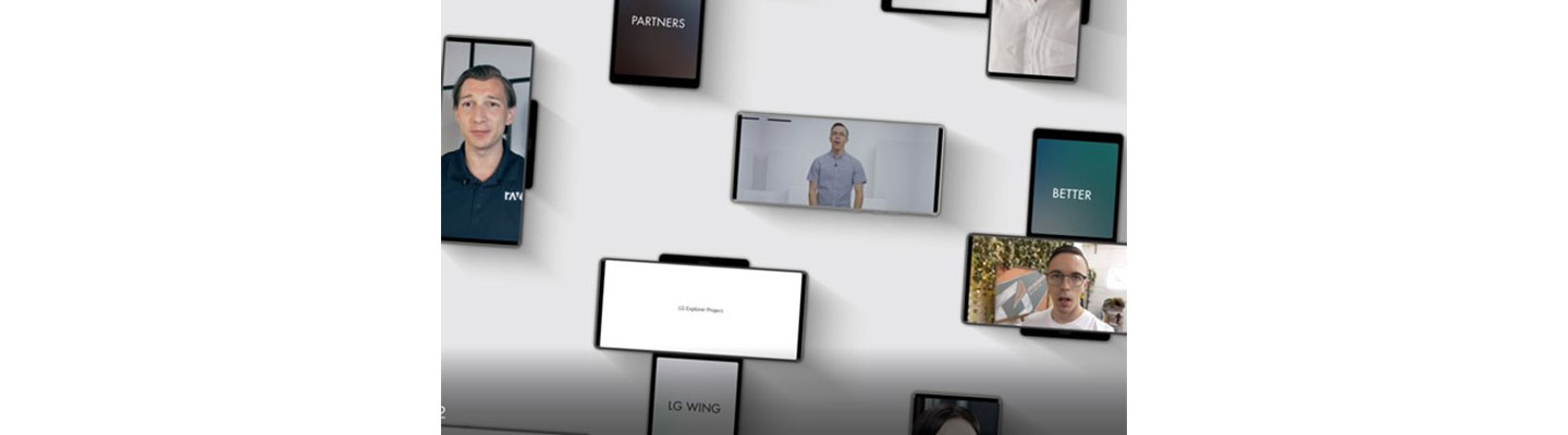 LG WING lying on a white surface in different modes and featuring various moments