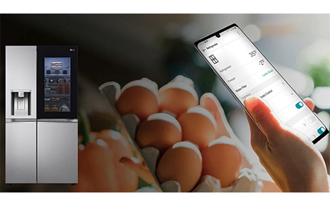 A picture of LG InstaView, a box of eggs and a smartphone with LG ThinQ app on