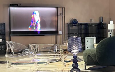 A picture of the showroom with Kartell products and LG Signature OLED T