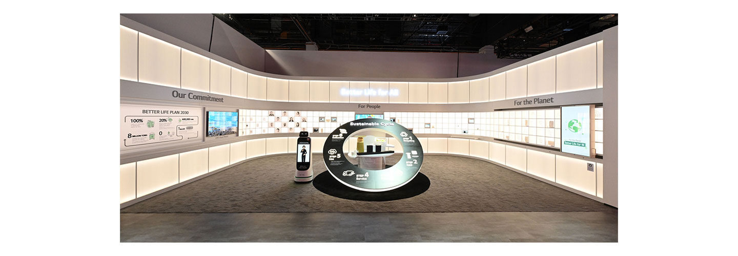 A face-on shot of the LG Better Life for All zone at CES 2023, consisting of three display sections: Our Commitment, For People, and For the Planet. (from left to right)