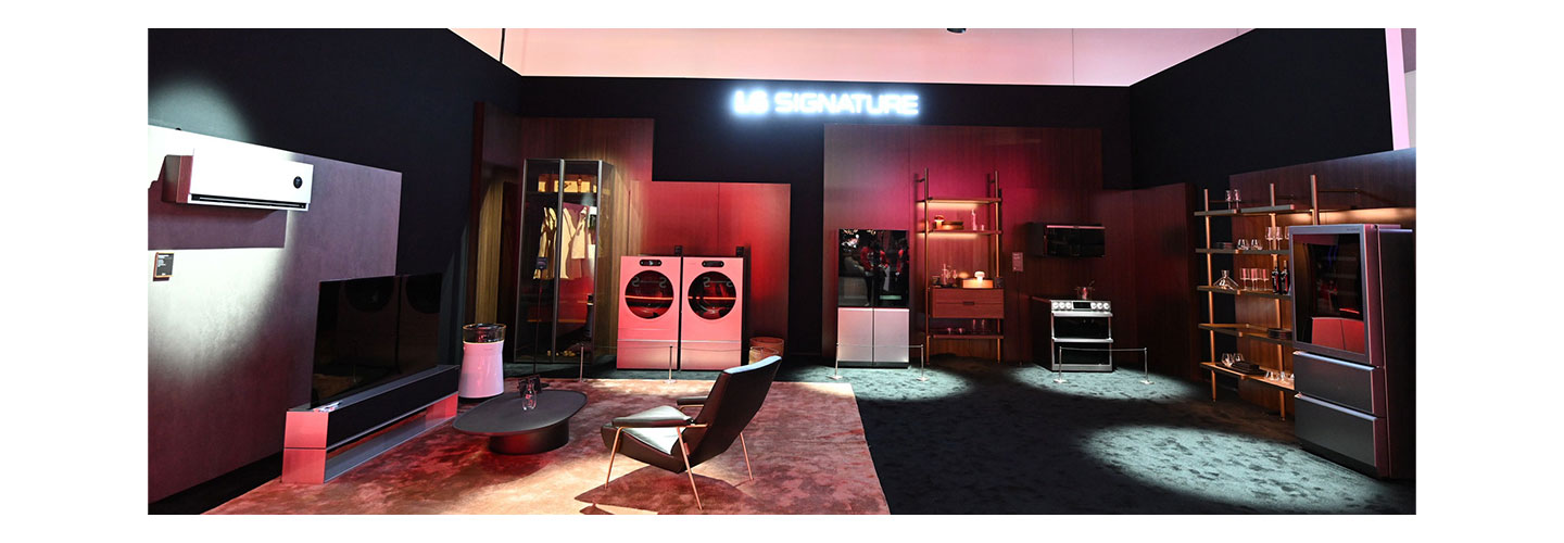 A room filled with the second generation of LG SIGNATURE products including OLED R, Dual InstaView™ refrigerator, a washer and dryer pair, air conditioner, air purifier and the Wine Cellar