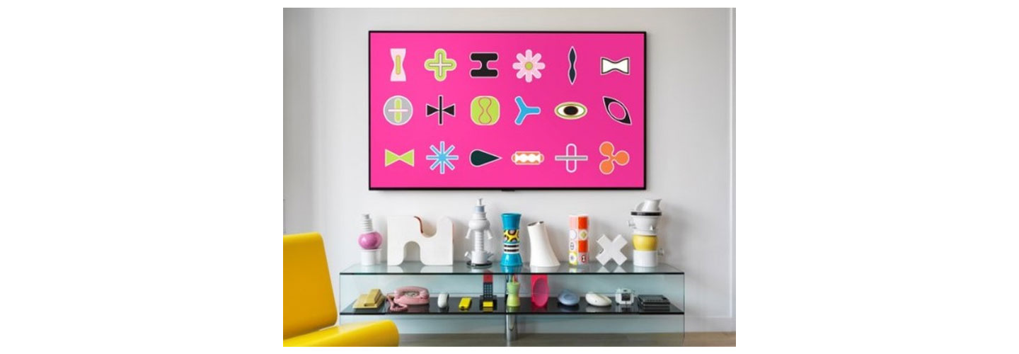 Karim Rashid’s 18 ICONS including curvaceous shapes, undulating lines and bright colors shown on the LG GALLERY DESIGN TV