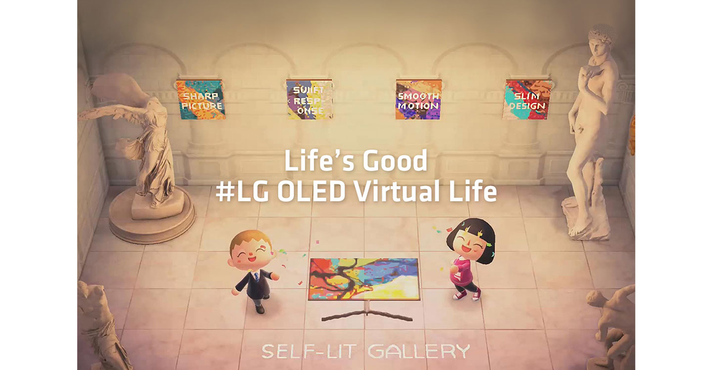 LG OLED TV displayed in a 'self-lit gallery' within popular video game ‘Animal Crossing,’ with sculptures in each corner and two cute player avatars posing.