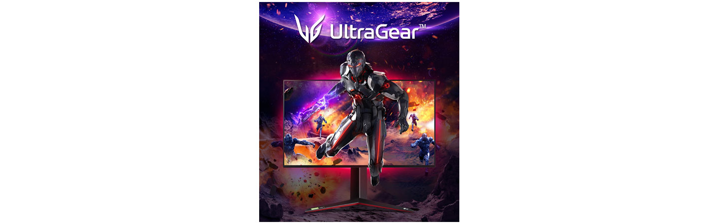 An LG UltraGear promotional image displaying an outer-space scene with a game character bursting out from the monitor's screen