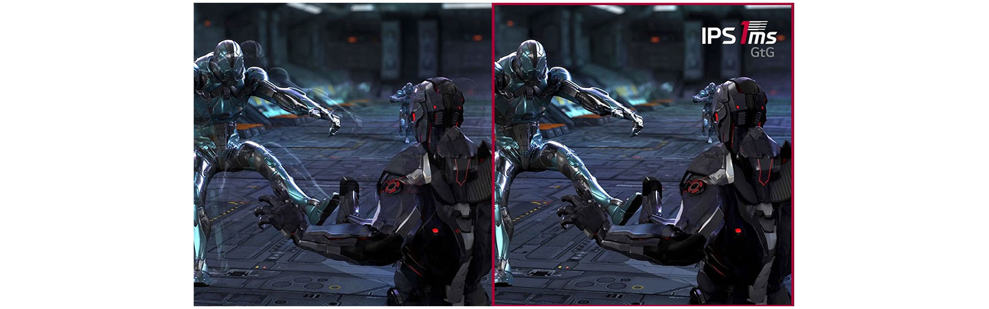 Two side-by-side images comparing the motion blur between a conventional monitor and LG’s light-speed 1ms IPS display