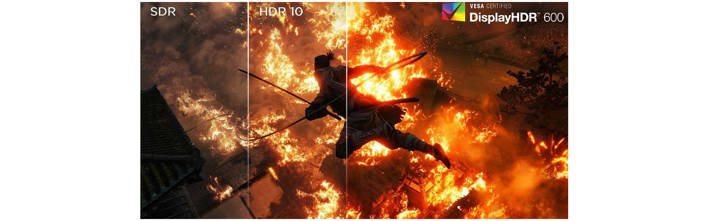 A screenshot from popular video game Sekiro: Shadows Die Twice displaying the stark difference in brightness and color between SDR, HDR, and the VESA Display HDR™ 600-certified LG UltraGear monitor