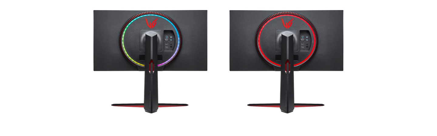 Two rear views of the latest LG UltraGear monitor, showing off its circular array of LEDs known as RGB Sphere Lighting 2.0. One in its multicoloured setting, the other in its red light setting