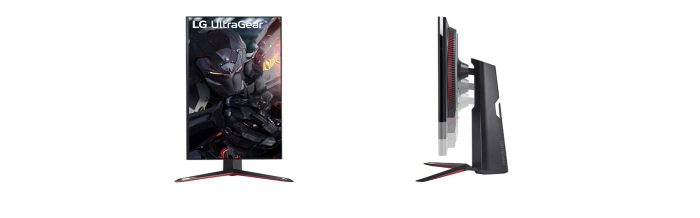 A front view of LG UltraGear in its portrait orientation next to a side view illustrating how the screen can be moved up and down thanks to its stand