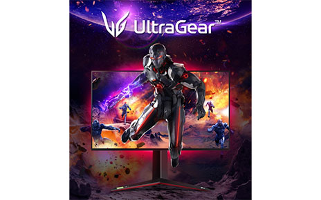 An LG UltraGear promotional image displaying an outer-space scene with a game character bursting out from the monitor's screen