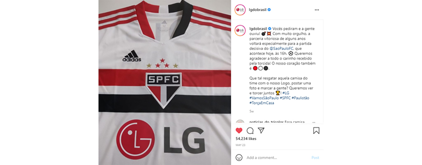  LG Brazil’s Instagram post showing São Paulo FC’s official uniform with LG as its main shirt sponsor