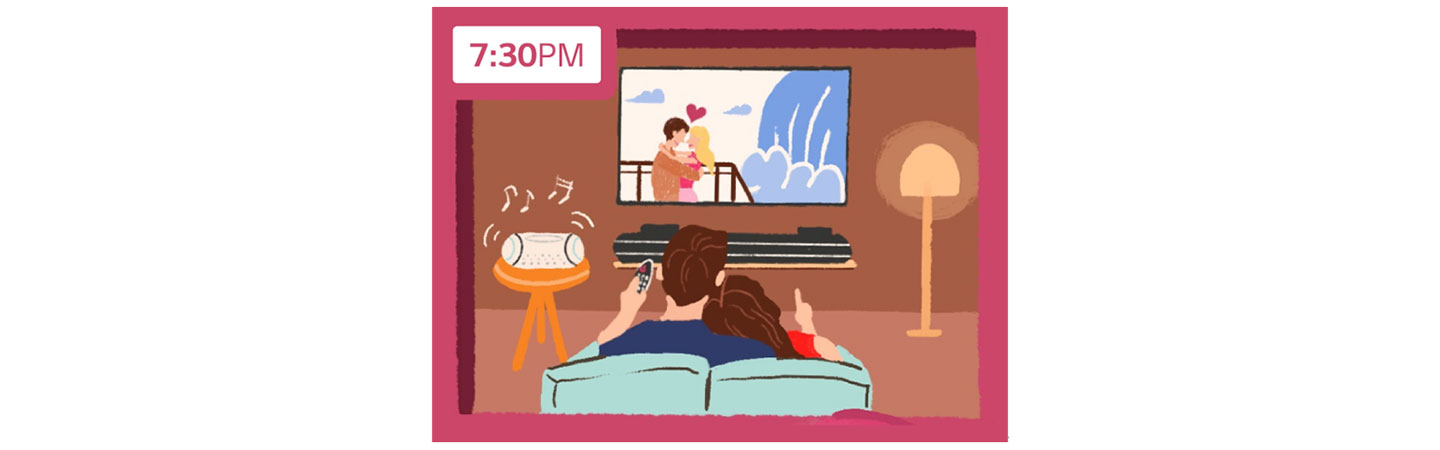 An illustration of a couple watching a romantic movie together on LG's AI TV at 7.30pm during their Valentine's Day date.