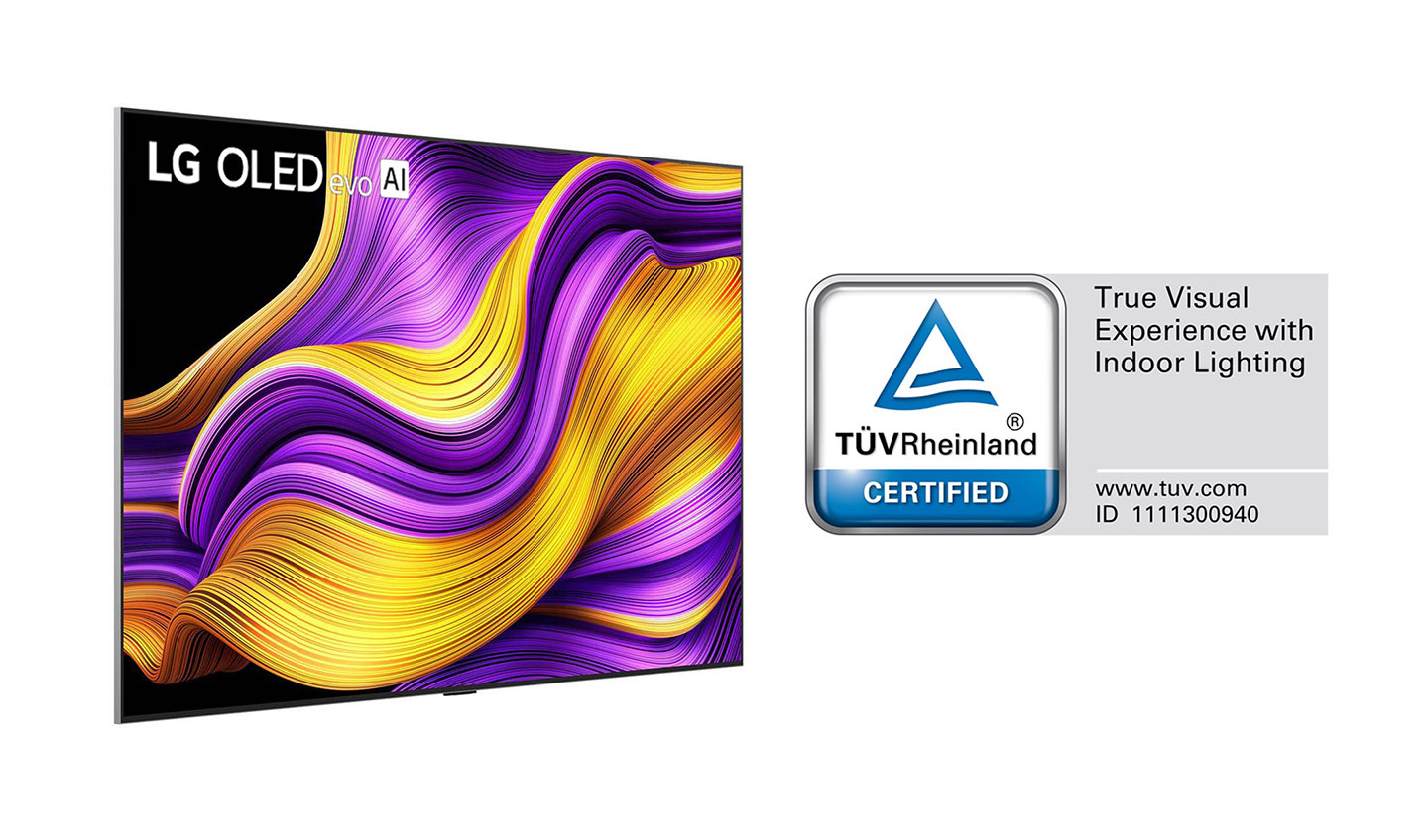 The TÜV Rheinland certification badge for 'True Visual Experience with Indoor Lighting' is displayed next to an LG OLED evo AI TV.
