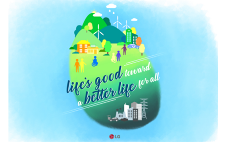 An illustration displaying contrasting eco-friendly and eco-harmful societies with the phrase, "Life's good toward a better life for all"