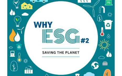 The title page of the ‘WHY ESG’ graphic news article with a preview of the stories to follow shown as keywords below.