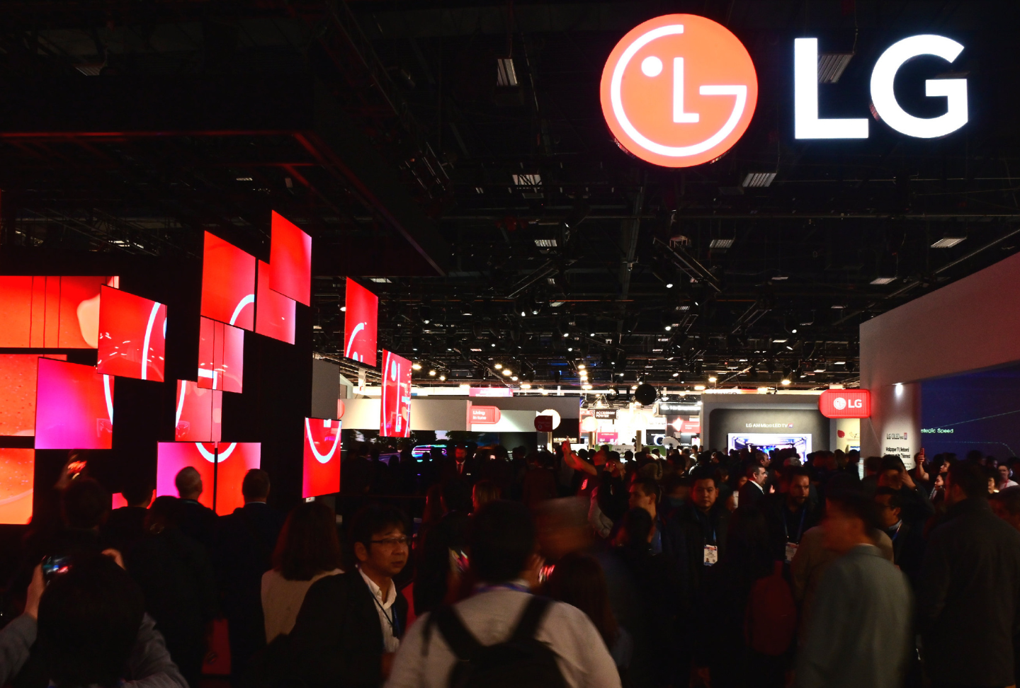 Crowds walk through the exhibition hall at CES 2026, with LG logos displayed throughout the area.