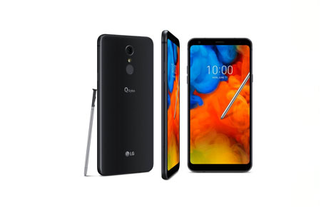 The rear, side and front view of the LG Q Stylus in Aurora Black