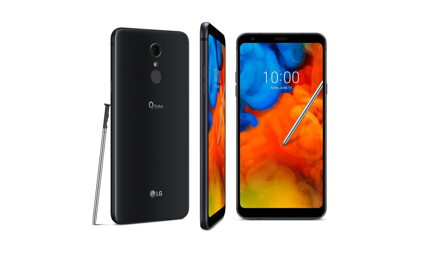 The rear, side and front view of the LG Q Stylus in Aurora Black