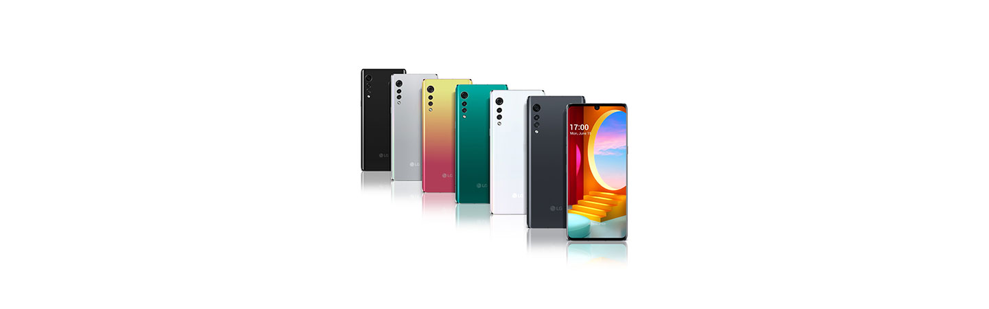 Front and rear view of LG VELVET in New Black, Aurora Silver, Illusion Sunset, Aurora Green, Aurora White and Aurora Gray