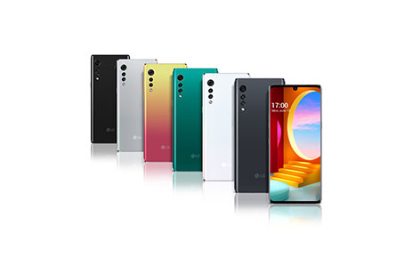 Front and rear view of LG VELVET in New Black, Aurora Silver, Illusion Sunset, Aurora Green, Aurora White and Aurora Gray