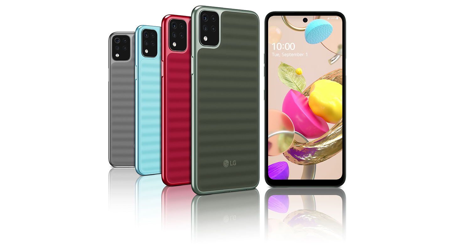 Front and rear view of LG K42 in Gray, Sky Blue, Red and Gray