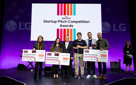 A picture of the Startup Pitch Competition winners taking a picture on stage
