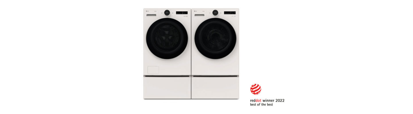 Logo of ‘reddot award 2022 best of the best’ with LG’s washer and dryer with an upgradability option