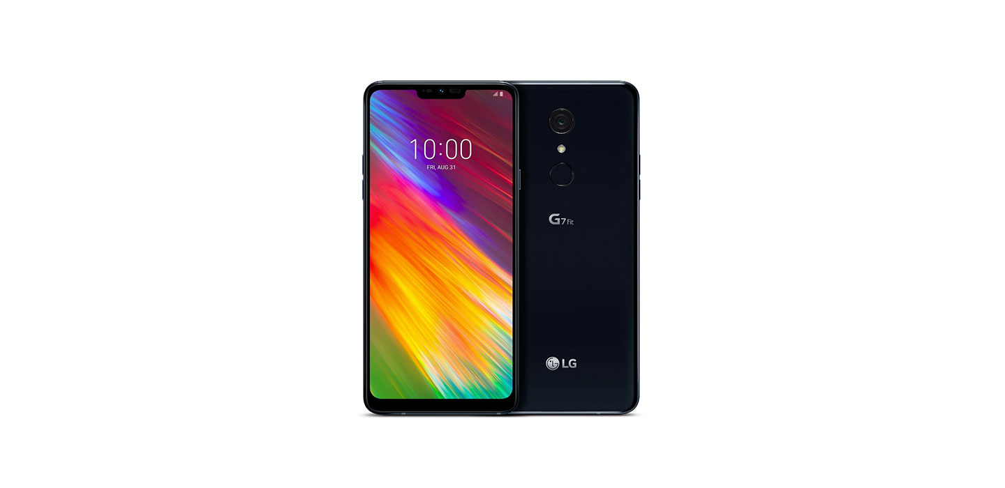 The front and rear view of the LG G7 Fit in New Aurora Black