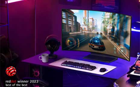 A lifestyle image of LG OLED Flex with a logo of Red Dot Award's Best of Best Award at the bottom left corner