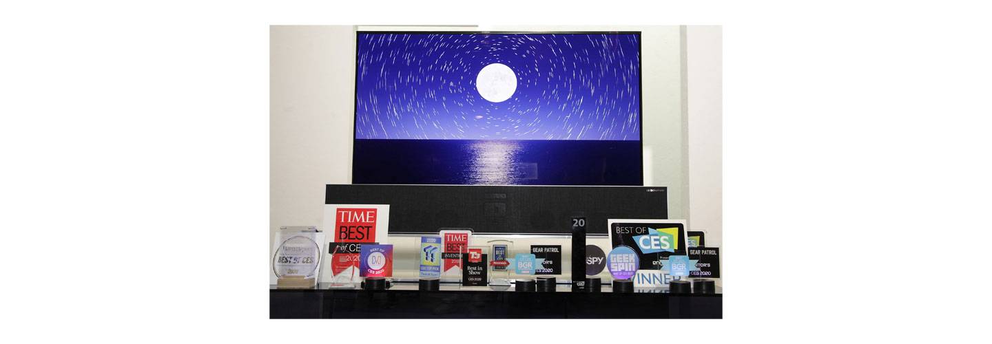The LG SIGNATURE OLED TV R displayed behind numerous awards LG Electronics (LG) won during a record-breaking CES for the company