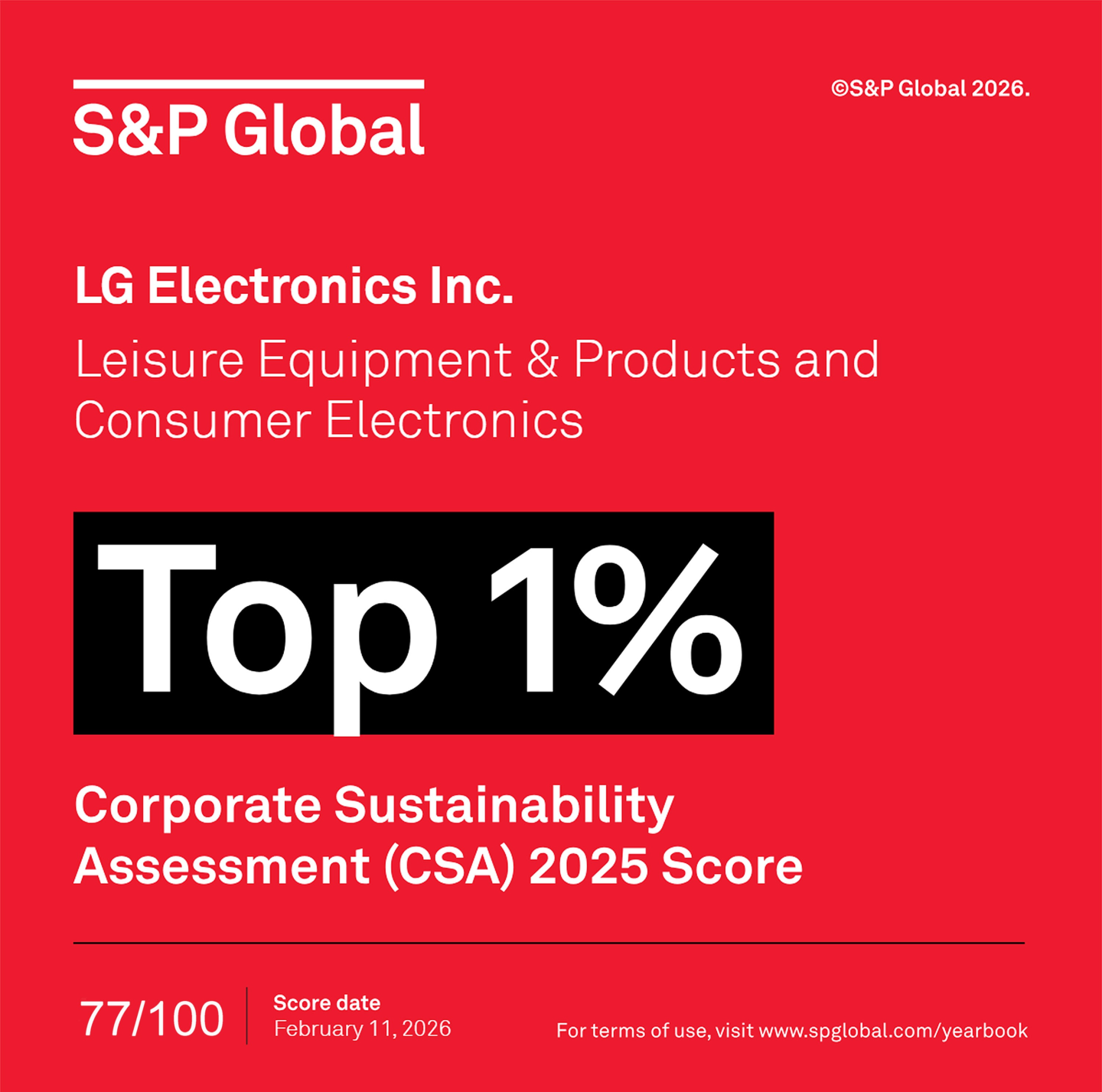 An infographic displays LG Electronics as the recipient of the "Top 1%" ranking in S&P Global's Corporate Sustainability Assessment.