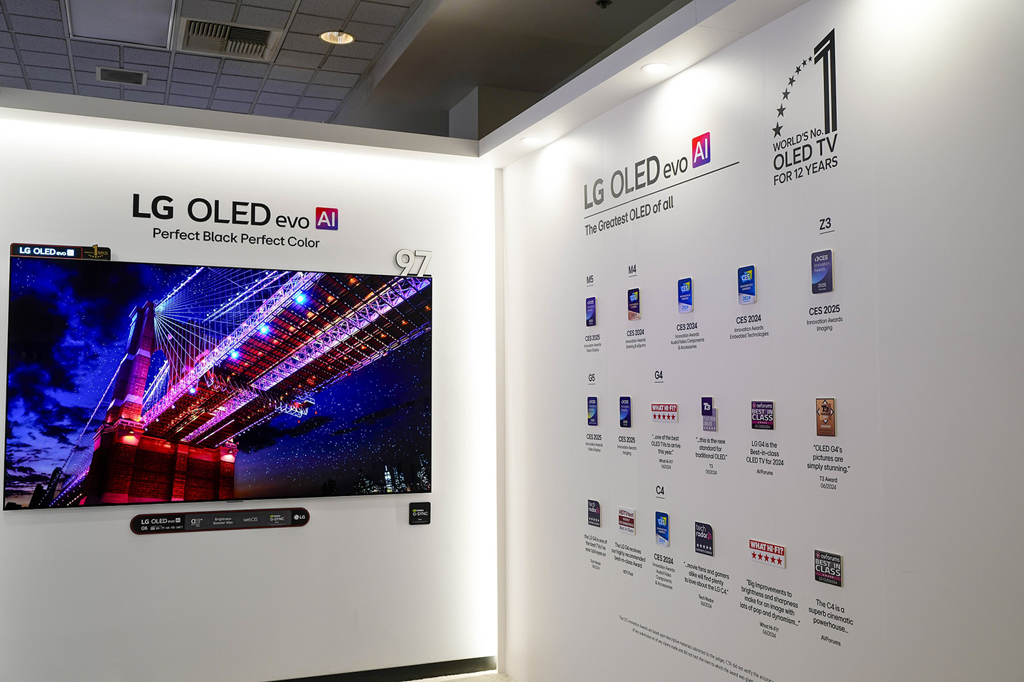 A photo of LG OLED evo TVs displayed on a wall