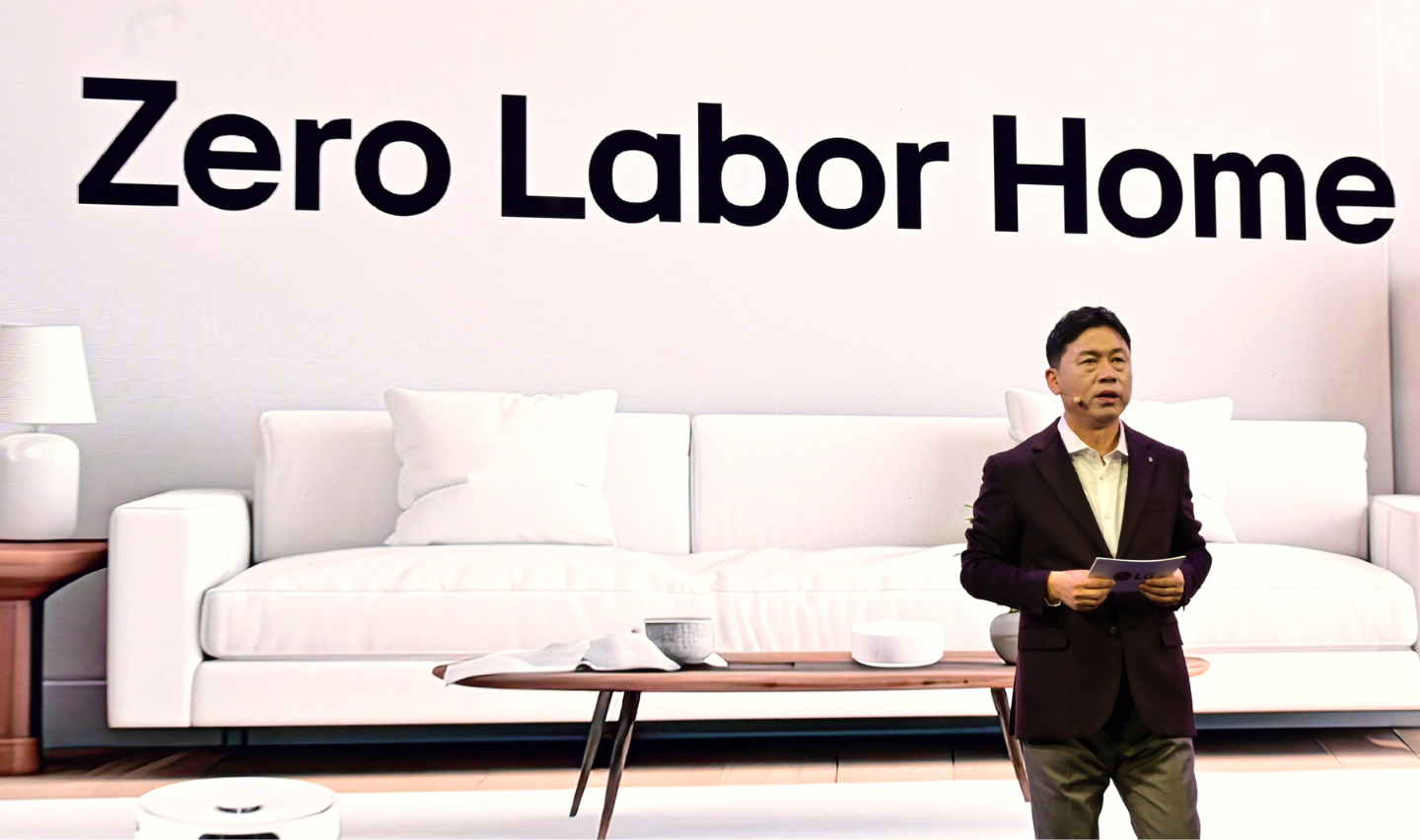 LG Electronics CEO Lyu Jae-cheol gives a presentation on the stage of the LG World Premiere, with a slide about the "Zero Labor Home" in the background.
